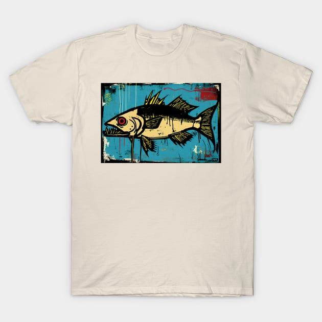 Largemouth Bass in Yellow and Blue Neo-Expressionist Painting T-Shirt by Walter WhatsHisFace